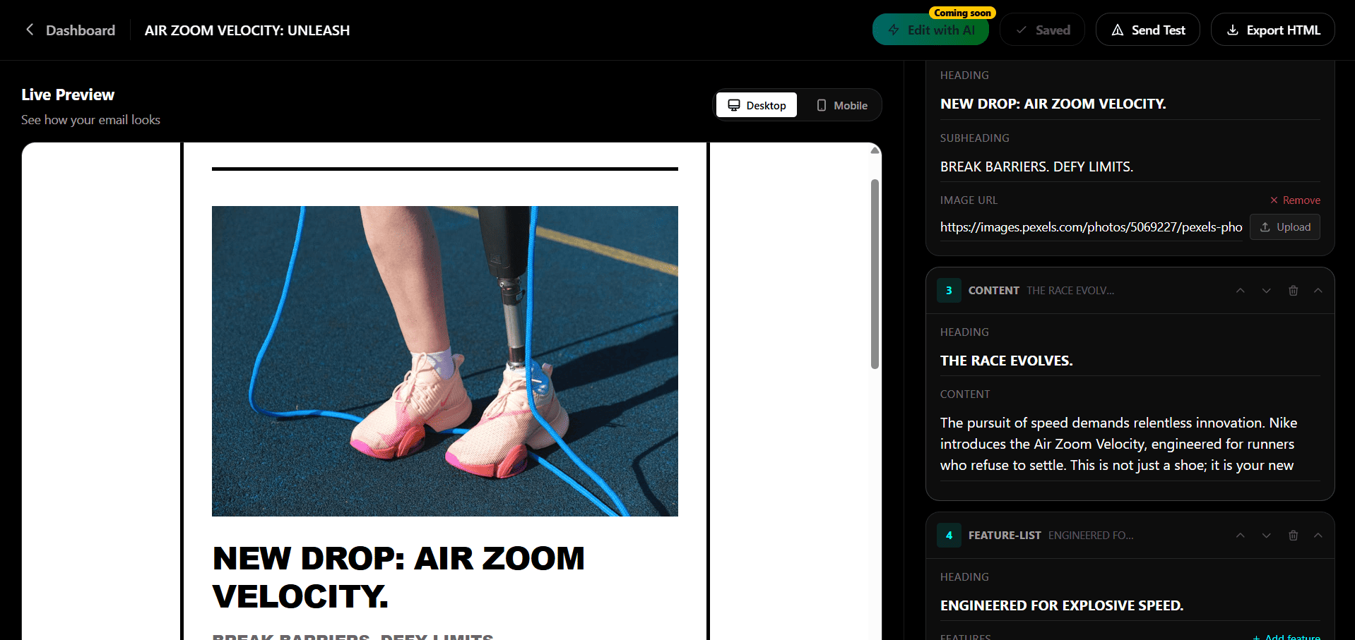 Emlet AI email editor — drag-and-drop blocks, live preview, one-click HTML export